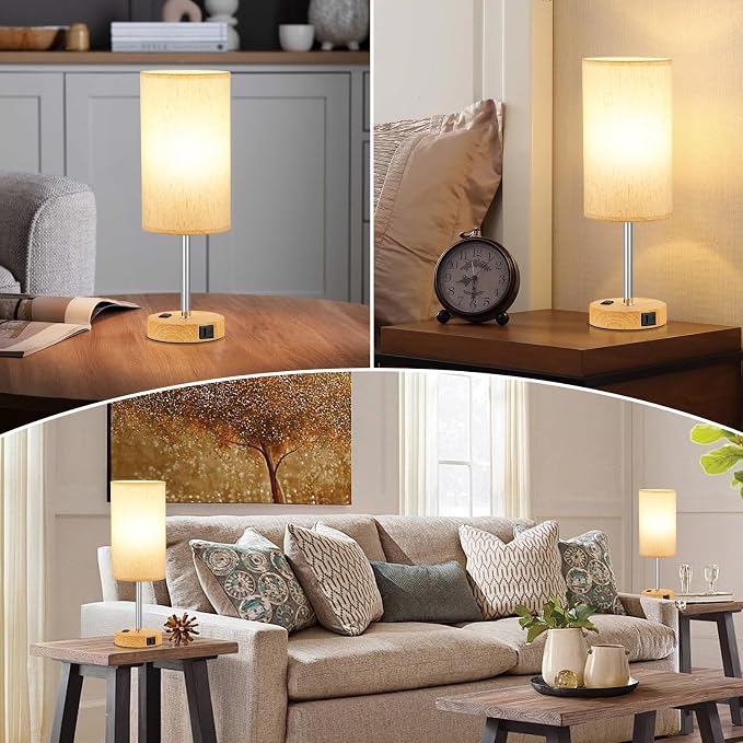 Touch Bedside Table Lamps Set of 2 - Bedroom Lamp with USB A+C, AC Outlet | 17" Tall Nightstand Lamp for Dorm, 3-Way Dimmable, LED Bulb Included, Linen-Texture Fabric Lampshade, Wood-Grain Metal Base