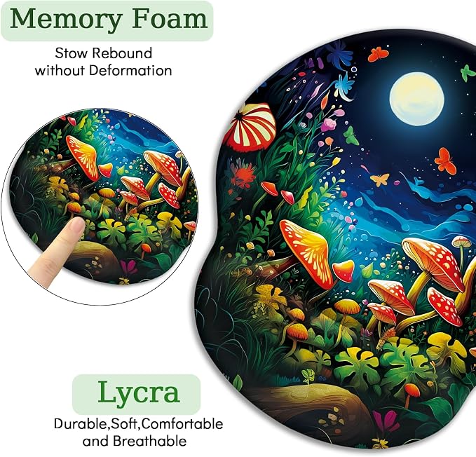 LIMKRIAN Mushroom Ergonomic Mouse Pad with Gel Wrist Rest, 9.8 x 8.6 in | Comfort Wrist Support, Cooling Gel Eases Wrist Pain, Non-Slip PU Base, Smooth Surface, Cute Office Desk Accessories Decor