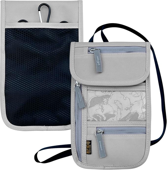 Travel Neck Wallet, RFID Blocking Passport Holder with Adjustable Neck Strap for Men and Women to Keep Cash, Credit Cards and Travel Documents Safe - Grey