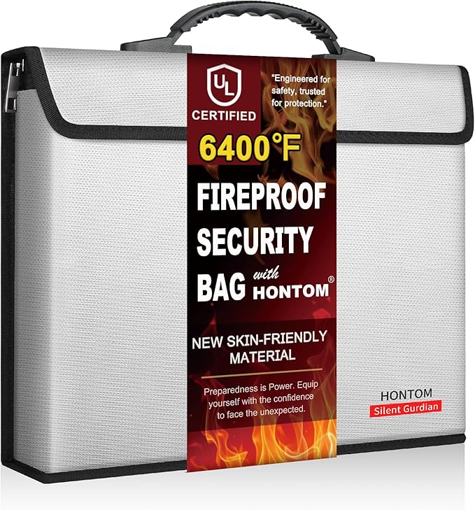 Hontom 6400℉ Fireproof Document Bag with 2 Pockets | Upgraded Material Fireproof Money Bag with Lid, Travel Home Fire Safe Storage Cash Pouch for Important Documents, Silver