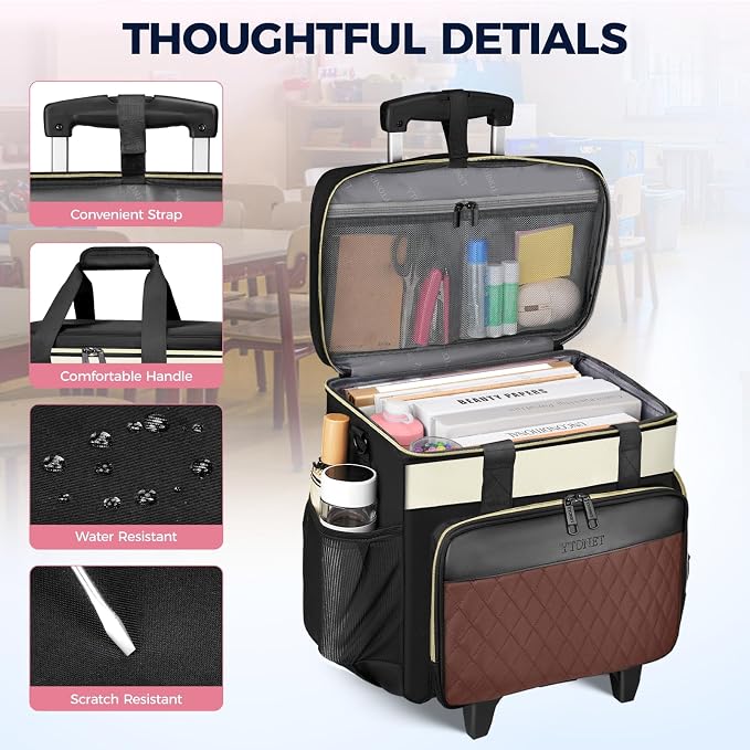 Ytonet 15.6 Inch Teacher Rolling Bag with Detachable Dolly & Teacher Tote | Large Rolling Cart for Teachers, Rolling Tote Bag for Work, Bag with Wheels for Office, Nurse, Teacher Bag, Black Beige Brown