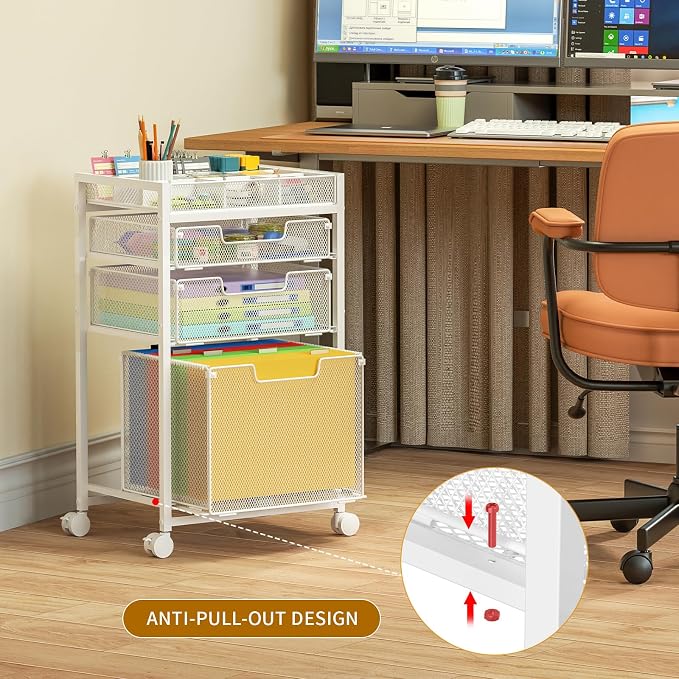 Rolling File Cart with 3 Storage Drawers, Under Desk Organizer with DIY Divider, Moblie Filing Cabinet on Wheels, Fits A4/Letter Size, Metal Utility Cart for Home Office, White