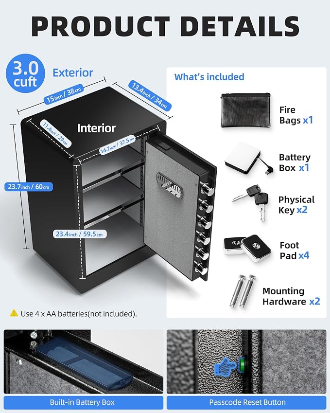 DAYI Safe Box, 3.0 Cubic Feet Home Safes with Fireproof Waterproof Bag, Security Safe for Money Cash Documents, Digital Keypad, Dual Alarm System, Removable Shelf - D-60