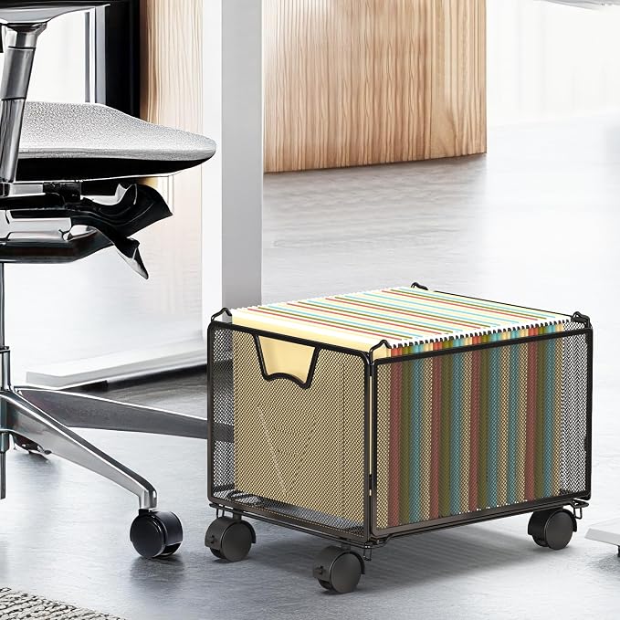 Simple Houseware Stackable Mesh Hanging Rolling File Cart, Black | File Folder Organizer with Lockable Wheels
