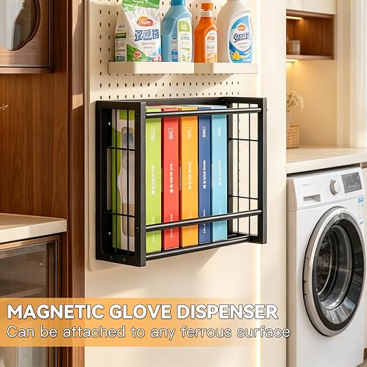 Magnetic Glove Holder, Wall Mount & Fridge Mount Metal Dispenser Holds 2 Boxes, Wall Mount Disposable Gloves & Tissue Dispenser for Garage, Workshop, Kitchen, Office and Toolbox