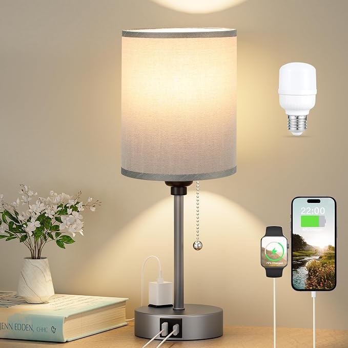 Small Bedside Table Lamp for Bedroom, Desk Lamp with USB Ports for Dorm | USB A+C Ports, AC Outlet, 3 Color Temper, LED Bulb Included, Grey Fabric Shade & Matte Metal Base, 14" Tall Night Stand Lamp