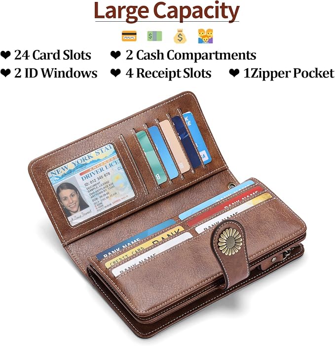 SENDEFN Wallets for Women Leather Credit Card Holder with RFID Blocking Large Capacity Wristlet | with RFID Blocking