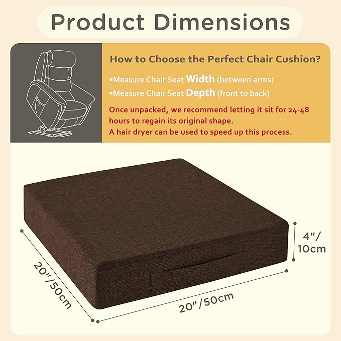 Recliner Cushions for Elderly 20x20x4 Inch Thick Large Recliner Seat Cushion with a Handle Square Non Slip Chair Pads with Washable Cover for Couch Armchair Chairs Brown