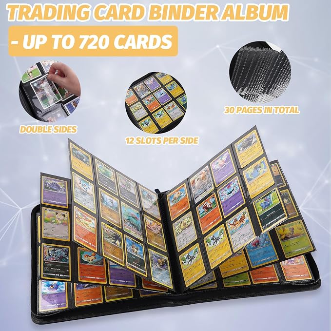 12 Pocket Ringless Side Loading Trading Card Binder, 720 Cards PU Fixed Page Zipper Card Album for TCG Sports Game Cards, Not Fit Top Loaders (Blue)