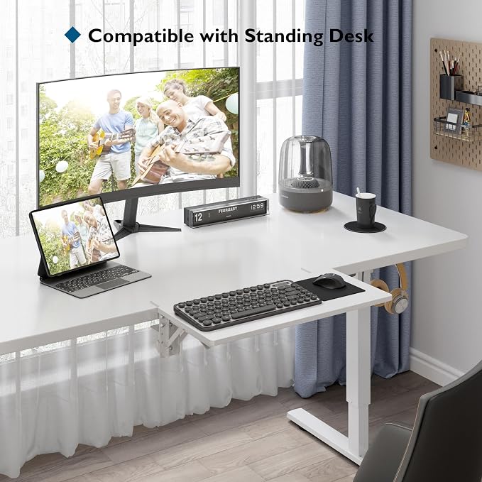 BONTEC Small Ergonomics Desk Extender Tray, 20 x 9.5 Inch, White | 90° Foldable Keyboard Tray Platform, Table Mount Arm Rest Shelf, Clamp on Computer Arm Rest, Suitable for Office Use