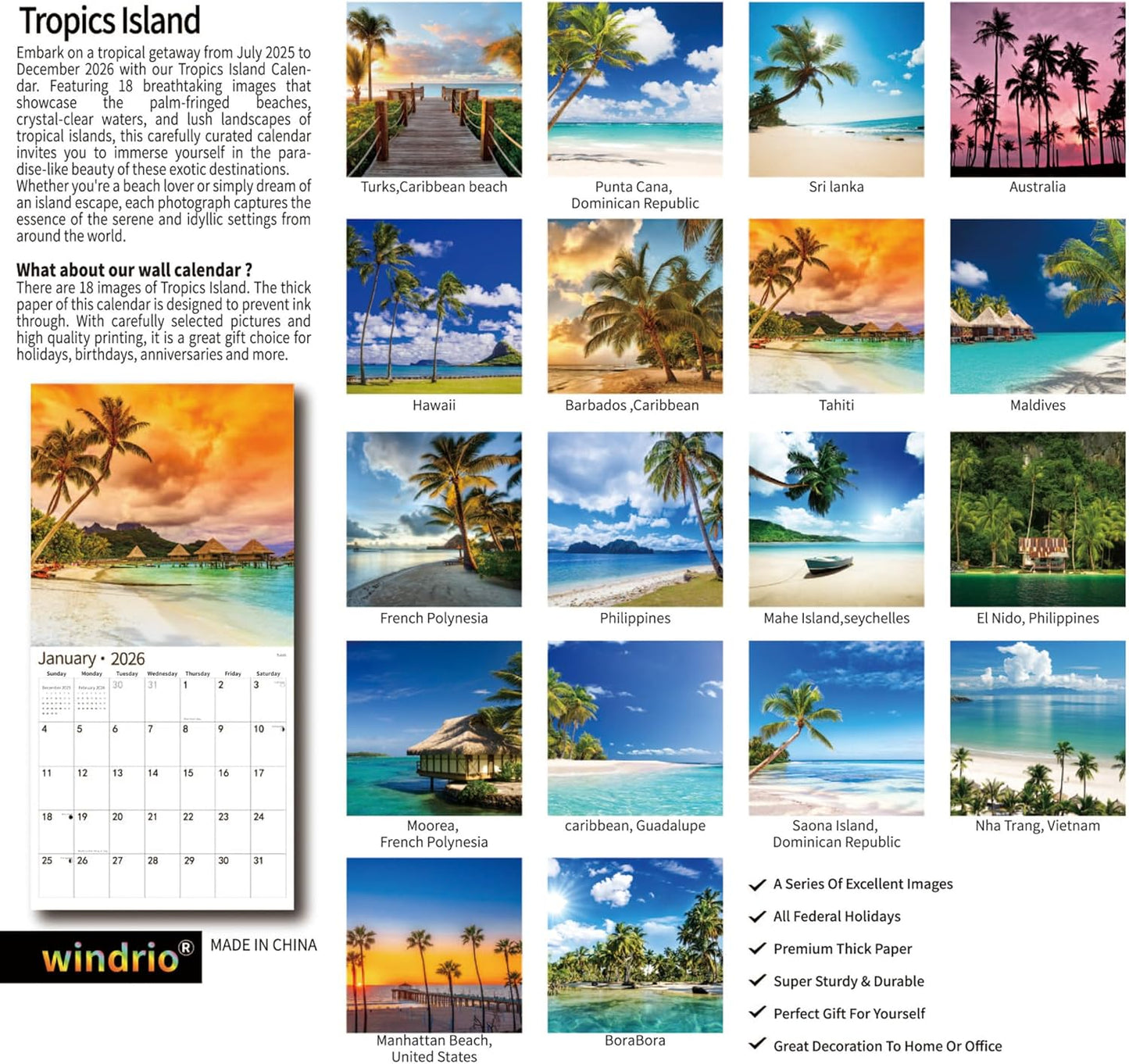 2026 Wall Calendar,Calendar 2026, July 2025 - December 2026, Wall Calendar Beaches Island, 12" x 24" Opened,Full Page Months Thick & Sturdy Paper for Calendar Organizing & Planning