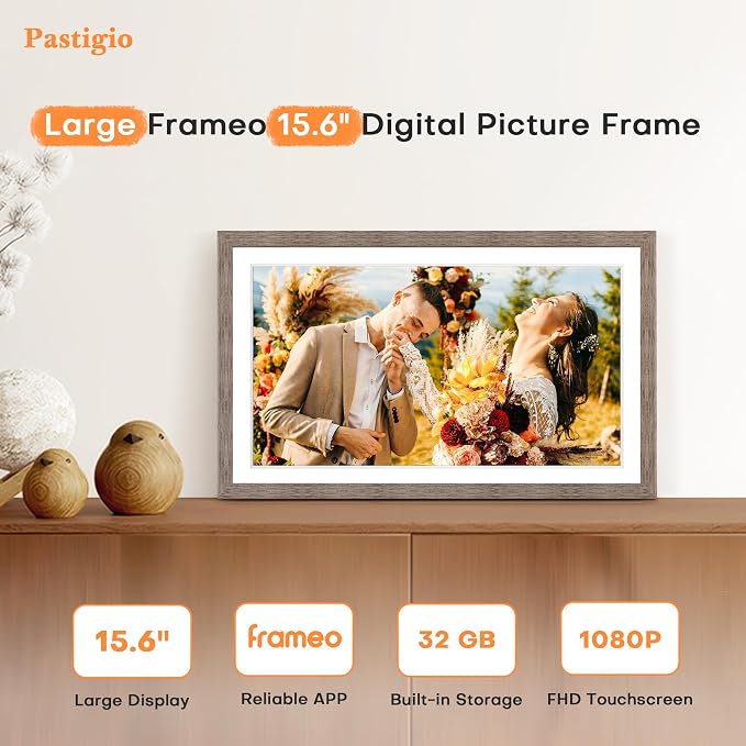 Digital Picture Frame 15.6 Inch, Large WIFI Digital Photo Frame Frameo,Electric Slideshow Frame, 1920 * 1080 IPS FHD Touchscreen, 32GB, Tabletop&Wall-Mounted, Share Video Picture, Wedding Gift, Greige