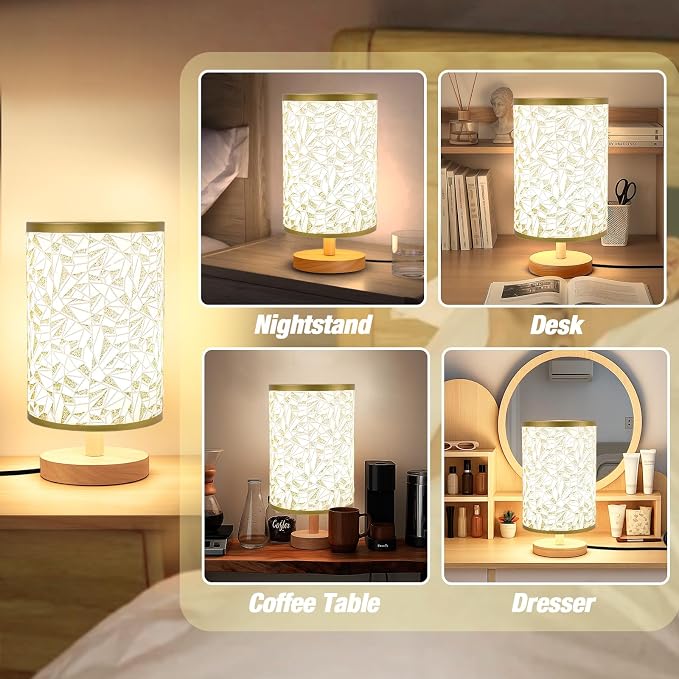 Desk Lamp LED Bulb Included, Small Bedside Table Lamp Plug-in - Classic Wood Base with Flaxen Fabric Shade, Lamps for Night Stands, Simple Nightstand Light for Bedroom, Office, Desk