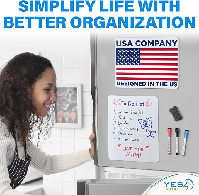 14x11” Magnetic Dry Erase White Board for Fridge w/ 3 Markers & Eraser | Yes4Quality Stain-Resistant Whiteboard Planner Organizer Sheet, Sticks to Most Refrigerators, Colorful Markers, Magnet Eraser