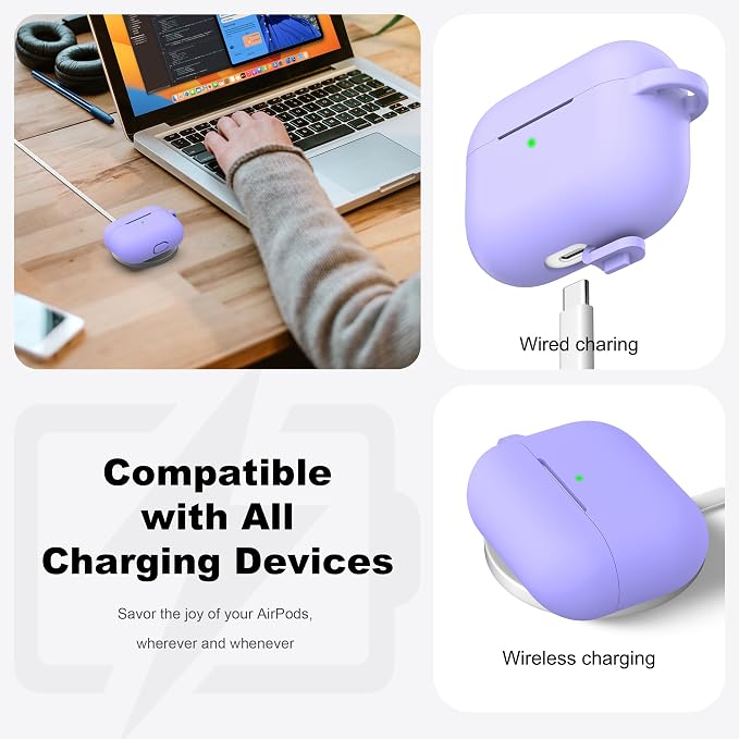 R-fun for AirPods Pro 2 Case, Soft Silicone Protective Cover with Keychain and Cleaning Pen, Compatible with AirPods Pro 2nd/1st Generation, Supports Wireless Charging, Lilac