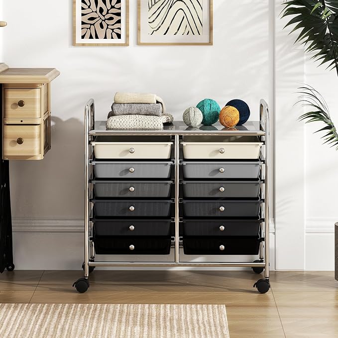 RELAX4LIFE 12-Drawer Rolling Storage Cart - Mobile Utility Cart on Wheels for School Classroom Teacher Office Salon, Paper File Art Supply Craft Organizer, Rolling Cart with Drawers (Gradient Black)