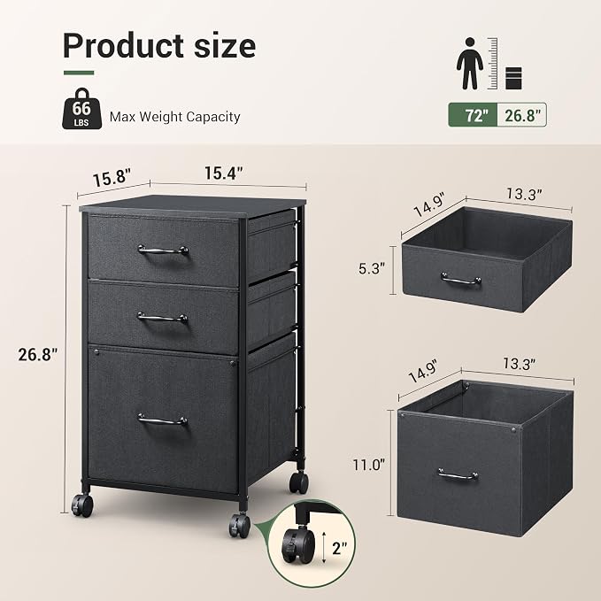 DEVAISE Mobile File Cabinet, Rolling Printer Stand with 3 Drawers, Fabric Vertical Filing Cabinet fits A4 or Letter Size for Home Office, Black