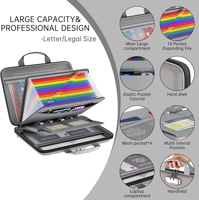 Fireproof File Organizer with Lock, Hard-Shell Document Box, Gray | Water Resistant, 13-Pocket Expanding Folder, Portable Safe Storage for Letter Legal Files, Laptop, Valuables, Large Capacity