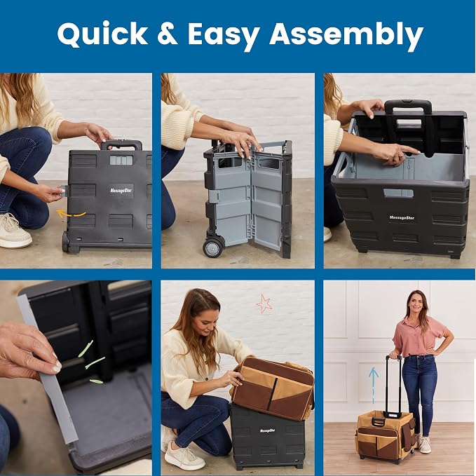ECR4Kids Universal Rolling Cart with Canvas Organizer Bag, Mobile Storage, Dark Grey/Grey | Durable plastic, 30 compartments, adjustable handle, 40 lb capacity, collapses to 3" thick, rolling wheels for easy transport