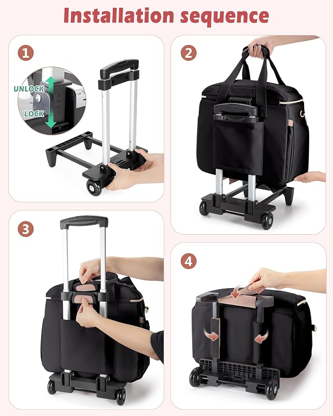 Marscamd Rolling Teacher Bag with Accordion File Organizer for Work | 15.6" Laptop Compartment, Detachable Trolley & Crossbody Strap, Womens Briefcase Tote with Wheels (Black)