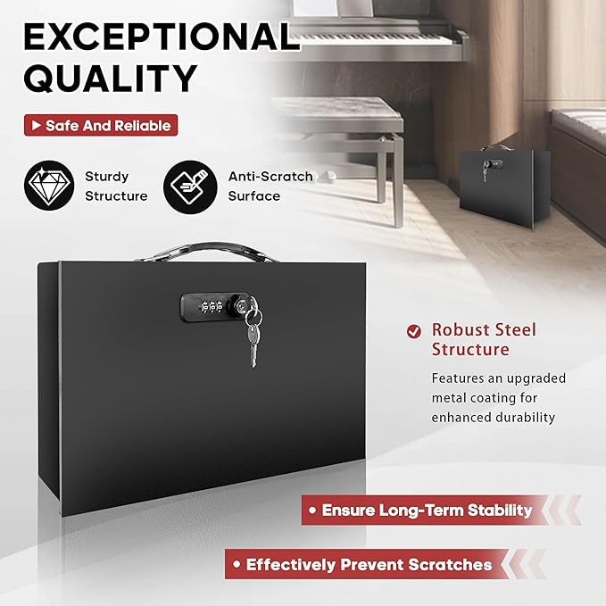 YIYITOOLS Fireproof Lock Box with Key and Combination Lock, Fire Safe Document Box, Portable Fireproof Waterproof Safe for Home,Office,Travel, Secure Storage for Documents,Jewelry,Passport,Cash