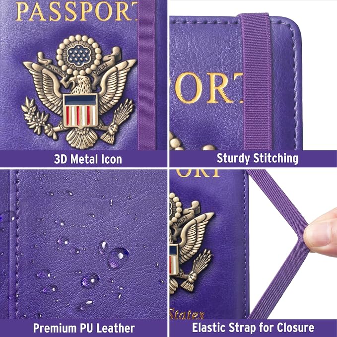 Passport Holder for Travel Women, RFID US Passport Cover Wallet Case, Leather Travel Wallet RFID Blocking, Waterproof Document Protector for Traveling Accessories-Purple