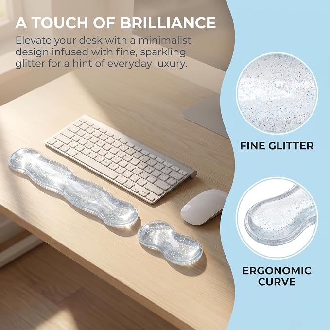 Wrist Rest for Keyboard and Mouse, Ergonomic Mouse Hand Rest Set, Cute Glitter Cloud Keyboard Pad with Wrist Support, Gel Desk Decor Accessories for Office Gaming School (Blue)