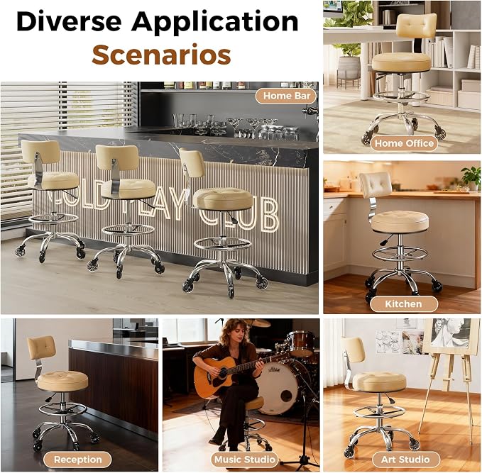 Office Drafting Chair with Footrest, Tall Height Adjustable Stool with Back Support, Heavy Duty Rolling Stool Chair with Wheels for Office Home Kitchen Bar Shop Guitar Studio Vanity, White