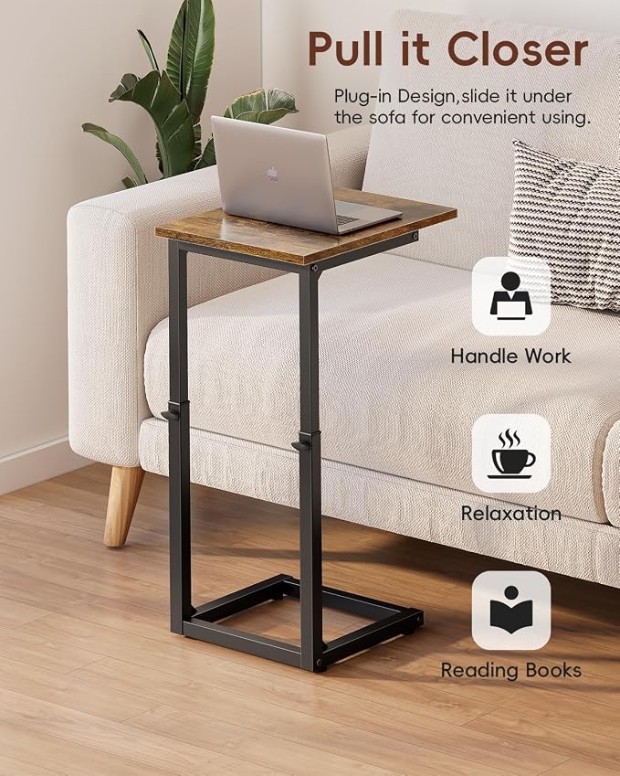 C-Shaped End Table for Couch, 33" Tall C Table Adjustable Height Side Table, Couch Side Tables with Metal Frame Slide Under Sofa, Sofa Table TV Tray for Living Room, Bedroom, Bedside, Brown