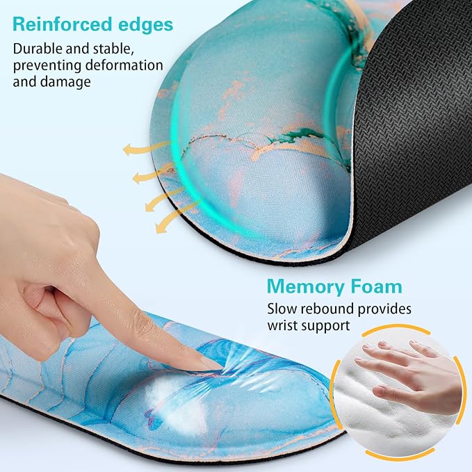 Mouse Pad Blue, 3-in-1 Mouse Pad with Wrist Rest for Keyboard and Mouse | Gaming Mousepad with Anti-Skid Base,Ergonomic Memory Foam Keyboard Gel Wrist Rest, Office Desk Accessories for Women
