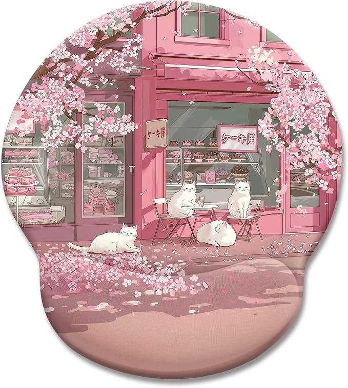 LIMKRIAN Cat Ergonomic Mouse Pad with Wrist Rest, Pink Cherry Blossom Computer Mouse Pad Wrist Support with Non-Slip Pain Relief PU Base, Cute Office Desk Decor Accessories Japanese Dessert House