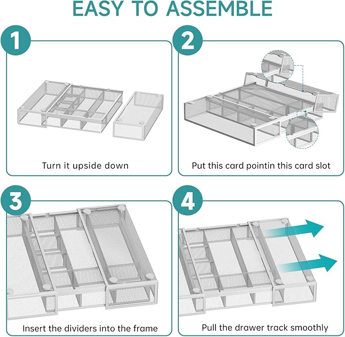 Expandable Desk Drawer Organizer Tray with 10 Adjustable Compartments, Metal Mesh Office Drawer Organizer, Versatile Desk Organizer for Home, School Supplies, Makeup Vanity & Jewelry (White)