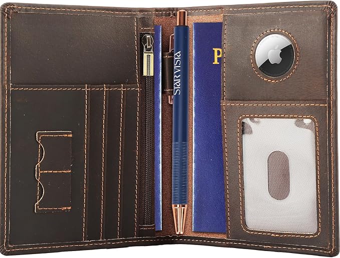 STAR VISTA Phoenix Leather Passport Holder, Cowhide Leather Travel Wallet - RFID Blocking, ID Window, Zipper Pocket, Pen & Notebook Included, AirTag Holder, Dark Chocolate