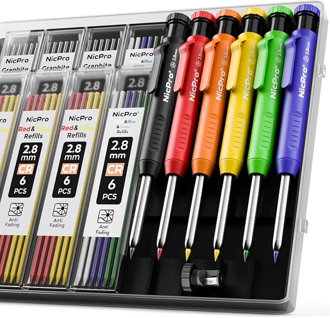 Nicpro 6 Pack Carpenter Pencil with Sharpener, Mechanical Carpenter Pencils | 48 Refills, Deep Hole Marker Construction Pencil, Heavy Duty Woodworking -With Case (Black,Red,Yellow,Blue,Green,White)