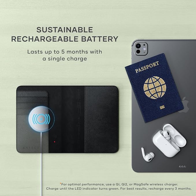 Satechi Passport Holder with Find My Tracking, 4-Slot Card Wallet, Black | 4-slot card wallet, wireless charging, RFID protection, vegan leather