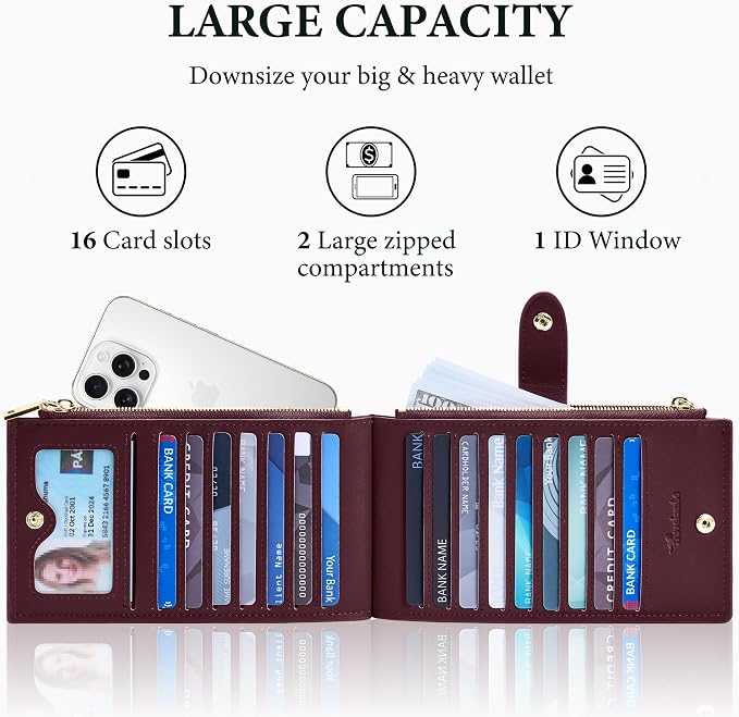 Travelambo Womens Leather Bifold Wallet, Slim RFID Blocking Card Holder | Large Capacity, 16 Card Slots & ID Window, 2 Zipper Pockets, Dual Snap Closure, Slim Lightweight, RFID Privacy Protection