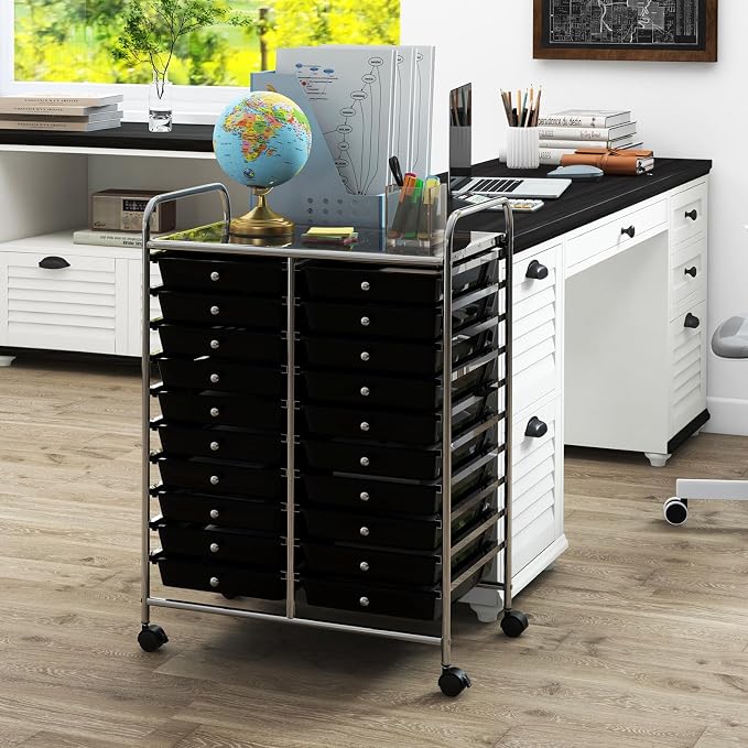 RELAX4LIFE 20 Drawer Rolling Storage Cart, Mobile Rolling Cart w/Drawers for School Classroom Teacher Office Home Salon, Paper File Art Supply Craft Organizer, Utility Cart on Wheels (Black)