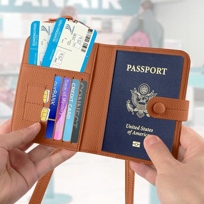 Passport Holder RFID Protected Wallet and Luggage Tag with Protection Cover Travel Accessories Leather Card Case Organizer for Women Men (Brown)
