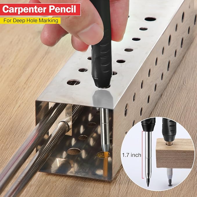 Hiboom Mechanical Carpenter Pencil with 7 Leads, Deep Hole Marker, Black | Built-In Sharpener, Long Nose Construction Pencil, Pocket Clip Design, Woodworking Tools, Marks on Various Surfaces