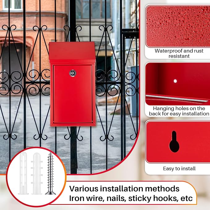 Yaocom Metal Money Box,Red,10.24 x 5.71 x 2.95 Inch,with Lid | Wall Mounted Drop Donation Cash Box for Farm Stand Collection Safe Suggestion Box with Lock Container for Home Office Outdoor
