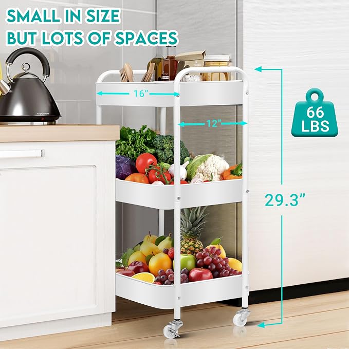 ZOES HOMEWARE 3 Tier Metal Rolling Cart on Wheels,Heavy Duty Utility Cart | Sturdy 3 Tiered Rolling Storage Cart With Hooks, Great For Craft, Art Workspace, Kitchen ,Snack And Office Storage, White