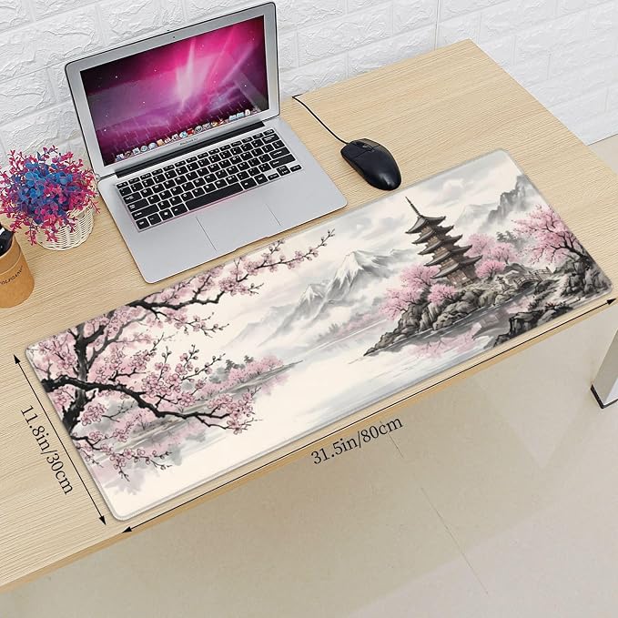 Cherry Blossom Gaming Mouse Pad Large Extended Desk Mat Non-Slip Rubber Base Keyboard Pad with Stitched Edges for Office Gaming 31.5x11.8 in