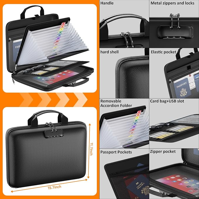 Tamfile Fireproof File Organizer with Lock,Hard Case Fireproof Document Box | 13 Transparent Pockets Accordion File Folder, Office Important Document Organizer for Letter A4 Files Laptop Passports, Black