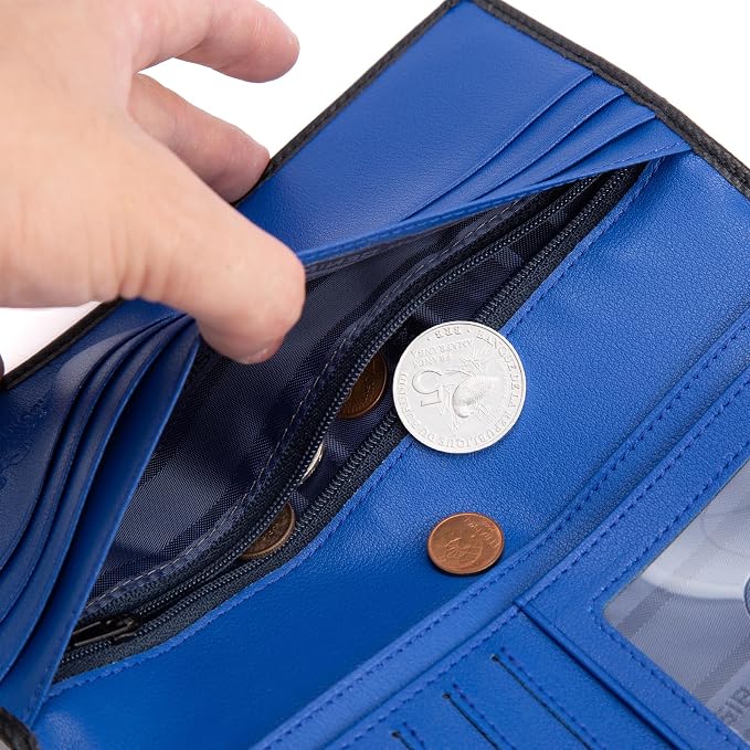 BISON DENIM Long Wallet for Men, RFID Leather Bifold, 12 Card Slots, Blue | mens long bifold wallet checkbook billfold credit card holder id window zipper coin pocket slim cowhide purse organizer