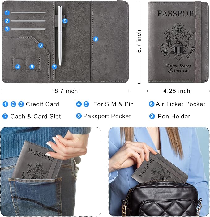 ACdream RFID BLOCKING Passport Holder Travel Wallet, Premium PU Leather Cover Passport Book with Card Holder, Pen Holder, Keep Organization, and Travel Essentials for Women and Men, Grey