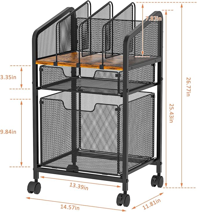 Tiaoheka Rolling File Cabinet with Adjustable Dividers, Mobile Filing Cabinet with 2 Storage Drawers on Lockable Wheels, Hanging File Organizer Beside Under Desk for Office, Home（Patent Pending）