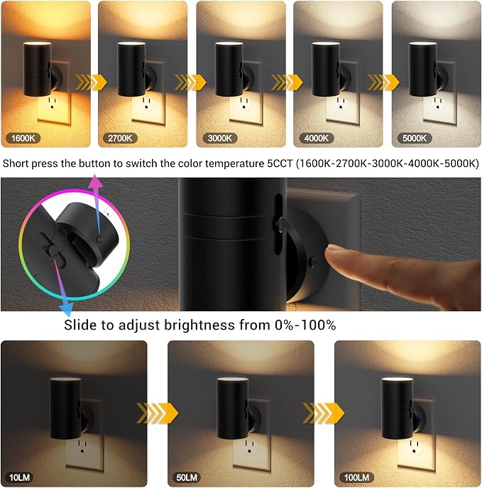 JandCase LED Night Light, Night Lights Plug into Wall with Dusk to Dawn Sensor, 5 Color Temperatures, Rotating Plug, Dimmable Nightlights, Adjustable Brightness for Bedroom Bathroom Hallway, 4 Pack