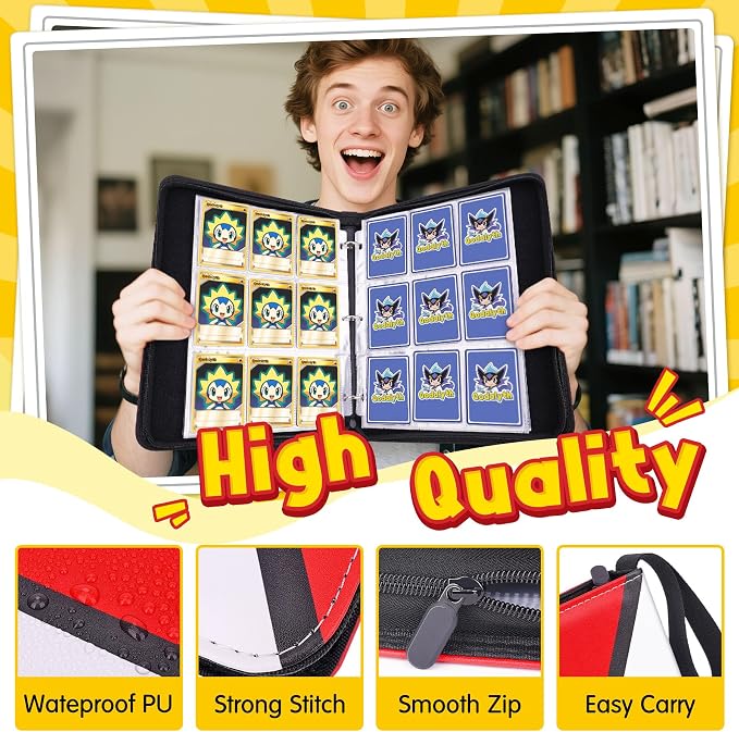 Zippered 9-Pocket Premium PU Card Binder, Double-Sided Display, Holds 900 Cards + 5 Hard Plastic Sleeves for Game & Sports Cards