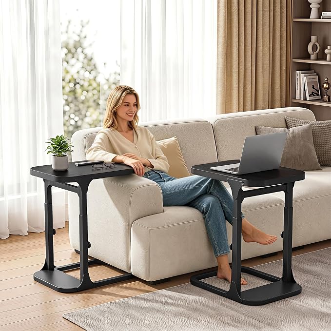 Kitstorack Height Adjustable End Table 2 Pack, Small Side Table for Couch, Sofa Table with Metal Frame for Living Room, Bedroom, Bedside C Shaped Table,Black