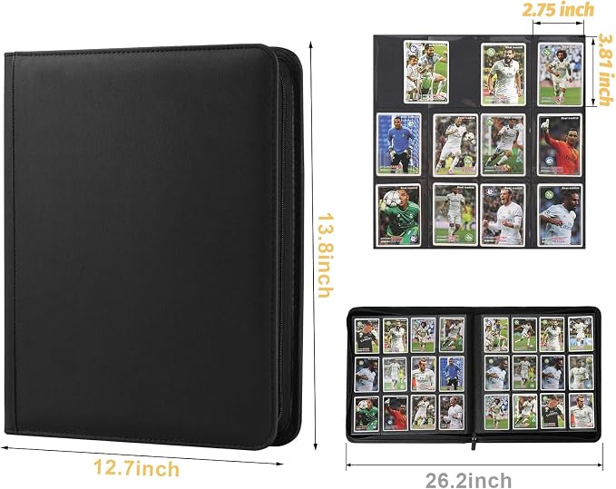 12 Pocket Ringless Side Loading Trading Card Binder, 720 Cards PU Fixed Page Zipper Card Album for TCG Sports Game Cards, Not Fit Top Loaders (Black)
